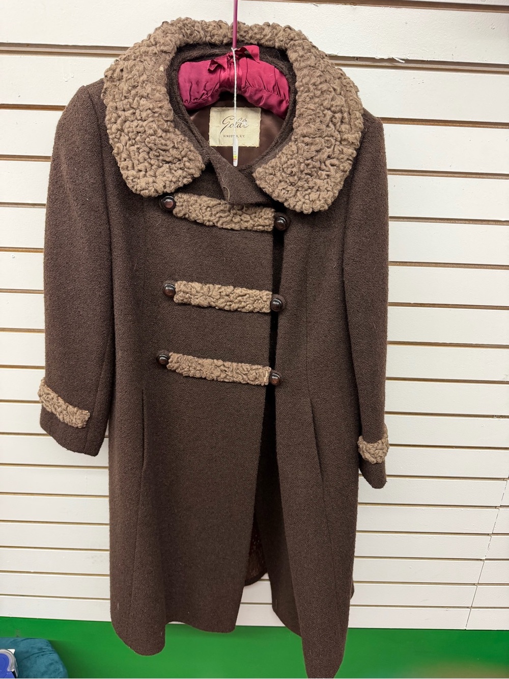Vintage Gold’s Kingston NY Brown Wool Coat Persian Lamb Trim Mid Century